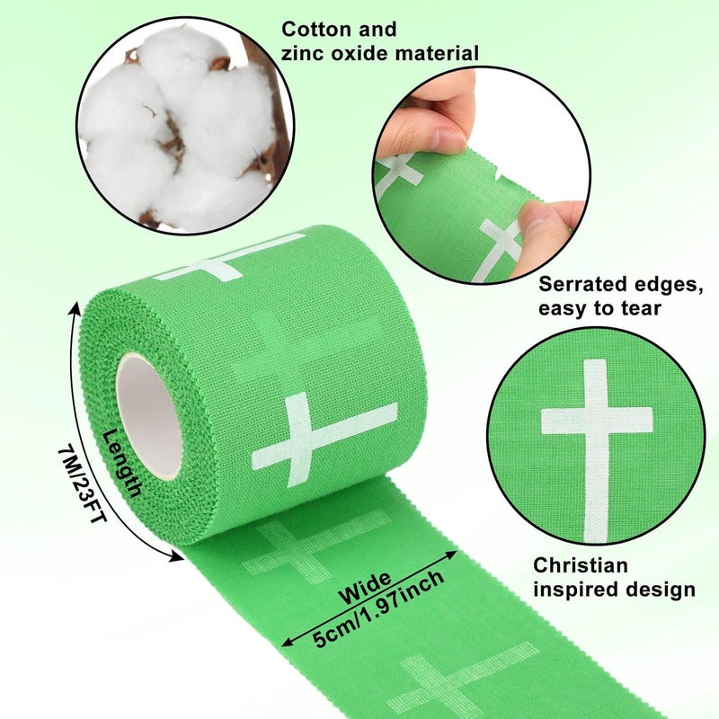 MiniInflat 2 Pcs Christian Cross Athletic Tape Sports Tape 2in x 23ft Religion Jesus Wrist Wrap for Soccer Football Baseball Gymnastics Christian Gift for Good Friday Easter(Green,Cross) - Image 2